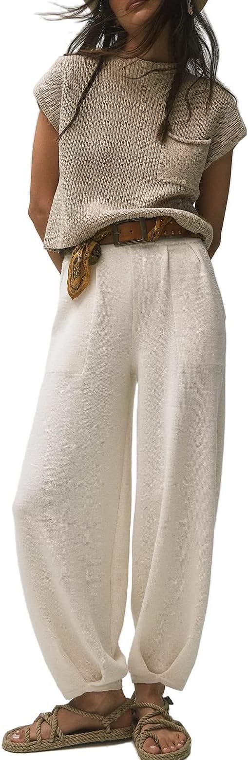 Women's Two Piece Outfits Sweater Sets Knit Pullover Tops and High Waisted Pants Lounge 2 Piece Matching Sets