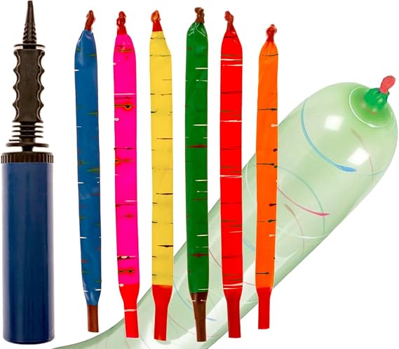 IMPRESA Flying Balloon Rockets - Pack of 100 Flying Toy with Whistling Pump - Extra-Long Screamer Balloons - Party Favor Set - Assorted Colors with Hand Pump