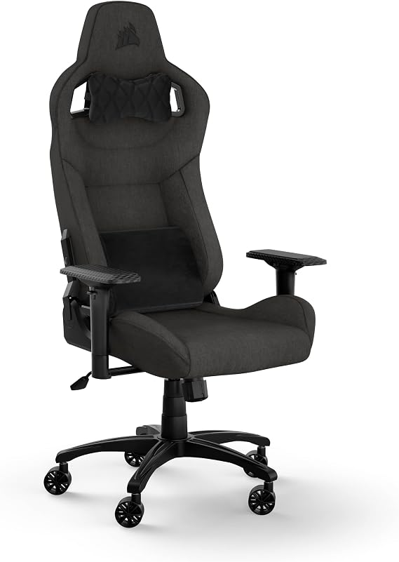 Corsair T3 Rush Fabric Gaming Chair (2023) Racing-Inspired Design Soft Fabric Exterior Padded Neck Cushion Memory Foam Lumbar Support Adjustable Seat Height Charcoal