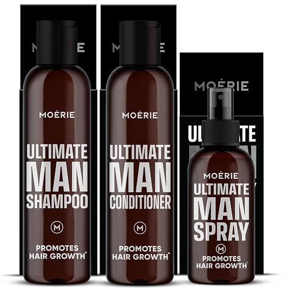 Moerie Ultimate Men Hair Boost Shampoo, Conditioner and Spray for Men, Hair Loss Solution with Biotin and Rosemary, Thickening Hair Regrowth Set with Serum Level Care for Thinning Hair