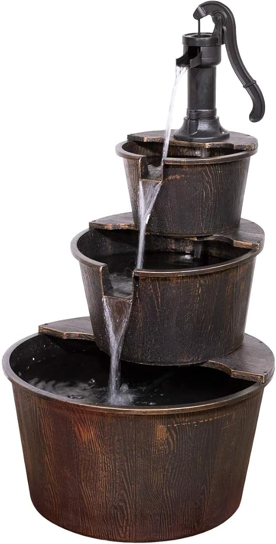 Alpine Corporation 40" Tall Outdoor Floor Tiered Rustic Pump and Barrel Water Fountain, Old-Fashioned Waterfall for Garden, Patio, Yard Decor, Dark Brown