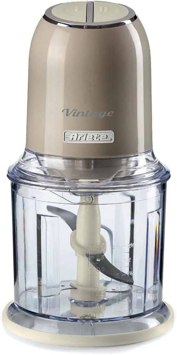 Ariete Vintage Doğrayıcı Bej 0438/03-2 Hız Kademeli, 2 Buton ve 4 Paslanmaz Çelik Bıçak, Sebze Doğrayıcı, Buz Kırıcı Özellikli, 600 ml Ölçekli Kupa ile Kullanım Kolaylığı