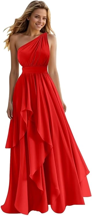 A Line One Shoulder Bridesmaid Dresses for Wedding Ruffles Chiffon Long Formal Evening Party Gowns with Pockets Red