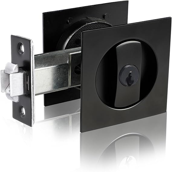 Dontay Keyed Pocket Door Lock,Flush Mount Recessed Knob,2-3/8 inch Backset,Square Bed Bath Hardware Fit Sliding Barn Interior Door Thickness 1-3/8 to 2-3/16 inch(Matte Black,1)