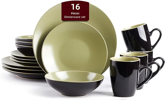 Stoneware Two-Tone Colors Life 16pc Dinner Set,Outside Shiny Black + Inside Matte Glaze Olive