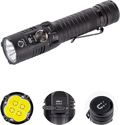 RovyVon S23 4000 Lumens USB-C Rechargeable EDC Flashlight, 6500K Cool White Pocket Floodlight, New Twist Switch, Metal Button with Momentary on, Magnet Tail, Super Bright for Outdoor SearchingBlack