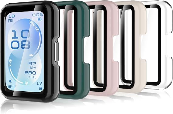 5-Pack Protective Case Compatible with Huawei Band 11, Hard PC Case with Screen Protector, HD Case Cover with Tempered Glass - Pink/Black/Green/Transparent/White