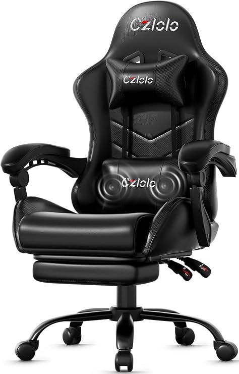 Czlolo Gaming Chair, Ergonomic Office Computer Chair with Footrest and Lumbar Support Massager High Back Video Gamer Chair, Wide&Thick Cushion, 90-135 Recline, Adjustable Height, Carbon Black