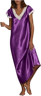 Womens Short Sleeve Long Dress Lace V Neck Homewear Pajamas Solid Color Floor-Length Nightgowns Sleepwear
