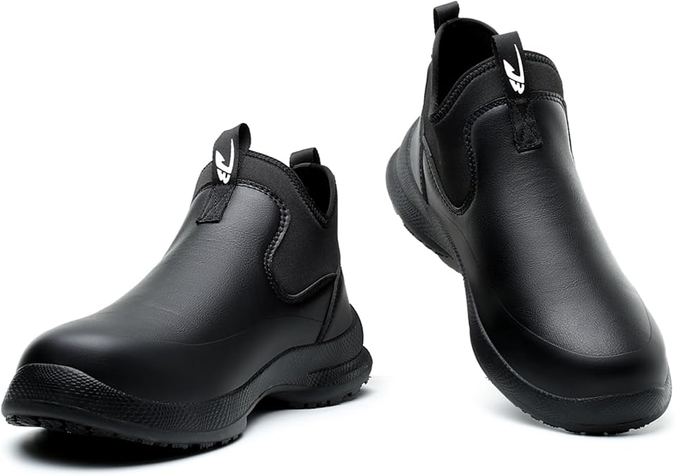 Non Slip Chef Shoes for Men - Black Leather Kitchen Work Boots, Waterproof & Oil Resistant, Professional Safety Footwear with All-Day Comfort