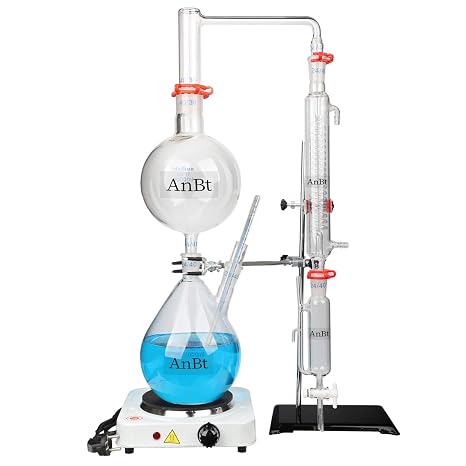 2000ml Lab Essential Oil Distillation Apparatus Water Distiller Purifier Glassware Kits W/Condenser Pipe, Lab Glassware Kit