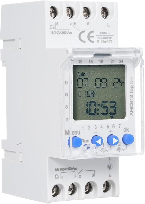 Automatic Digital Timer Switch AHC812,AC 230V Microcomputer Time Control Switch with 2 Channel,7 Day Programmable in Wall Timer Switch,Din Rail Mount