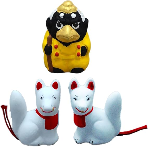 Japon Geleneksel Seramik Figür Heykelcik Dekorasyon Bebek Heykeli Seti İyi Şanslar için (Yokai 2 Tilki, 1 Karga)
