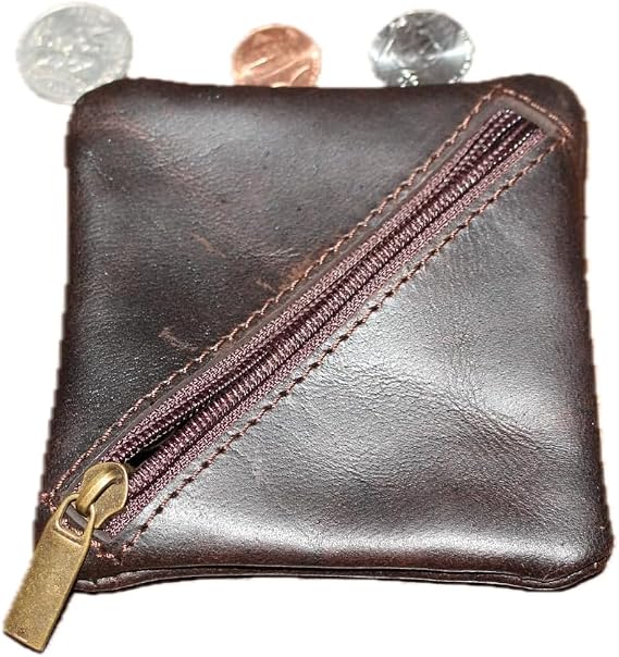 Leather Coin Pouch, Leather Zippered Change Holder, Compact Change Holder and Mini Pocket Wallet for Men & Women Handmade Purse Organizer (Brown)