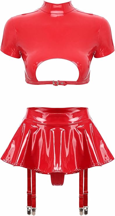 CHICTRY Womens Patent Leather Short Sleeve Cutout Top with Built-in Thongs Garter Belts Skirt Lingerie Set