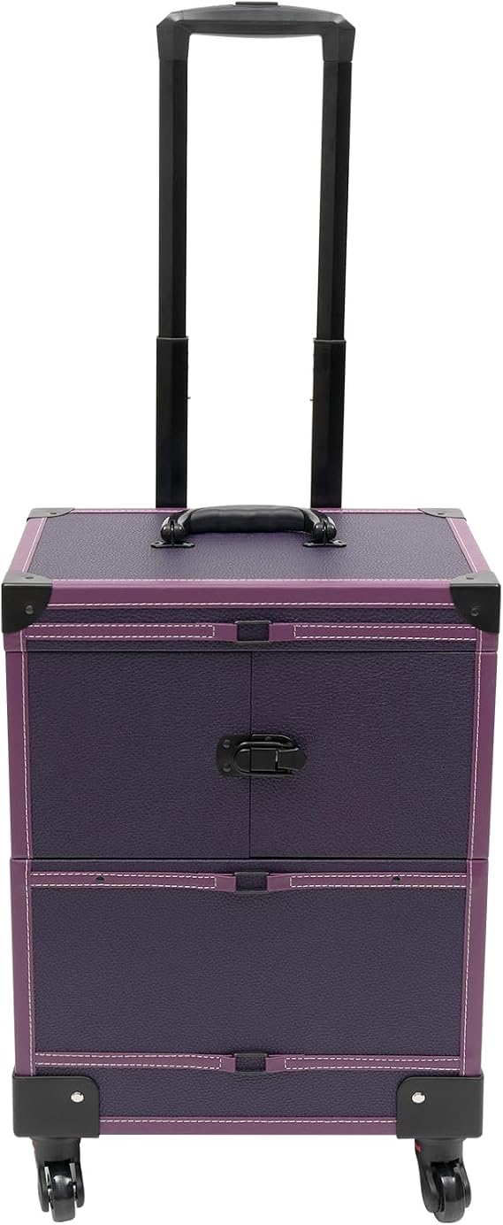 Rolling Makeup Train Case, Large Capacity Trolley Makeup Travel Case with Mirror Key Wheel, Professional Cosmetic Organizer for Make-Up Artist Hairdresser Nail Technician Beautician (Purple)