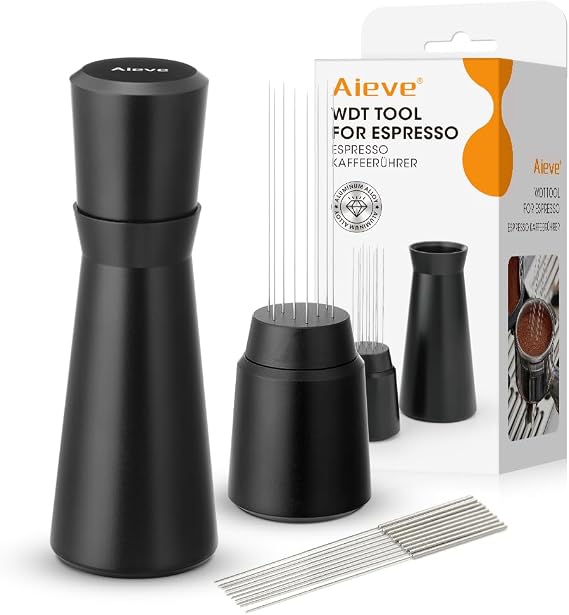 Aieve WDT Tool Espresso, Metal Distribution Tool with 10 x 0.4mm Stainless Steel Needles Espresso Stirrer, Coffee Distributor Aluminum Alloy Handle & Stand with 10 Extra needle