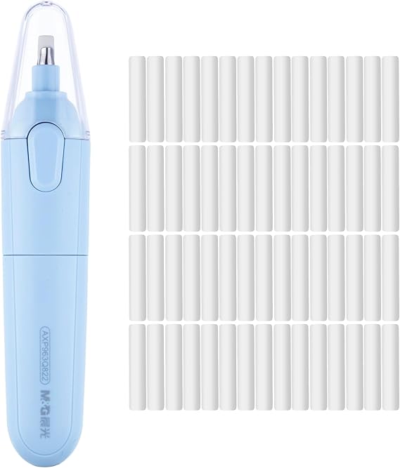 M&G Electric Eraser for Artists, Rechargeable 60 Eraser Refills, Automatic Portable Plastic Pen, Requires 2 AAA Batteries (Not Included), Battery Operated for Drafting, Sketching, Painting (Blue)
