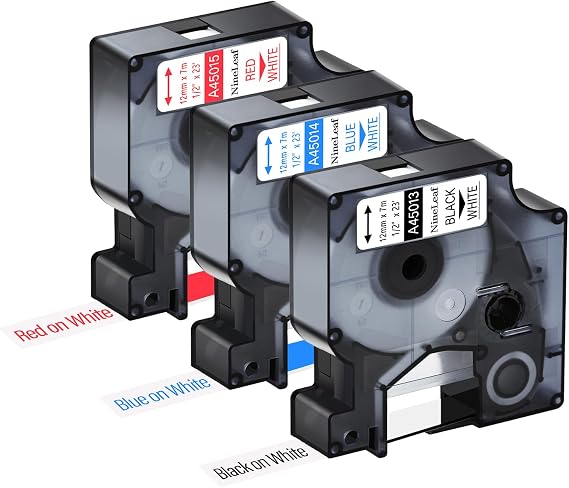 NineLeaf 3PK 1/2" White Plastic D1 Label Tape Compatible with Dymo Label Maker Refills Black/Blue/Red on White 12mm Tape 45013/45014/45015 for LabelManager 160 260P 210D 280 450 450D Printers