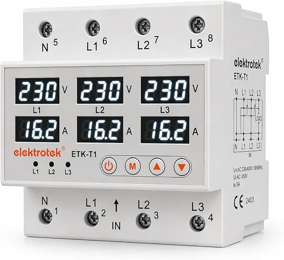 Electrotek ETK-T1 Three Phase Voltage and Current Protector 63A 230V DIN Rail Adjustable Relay