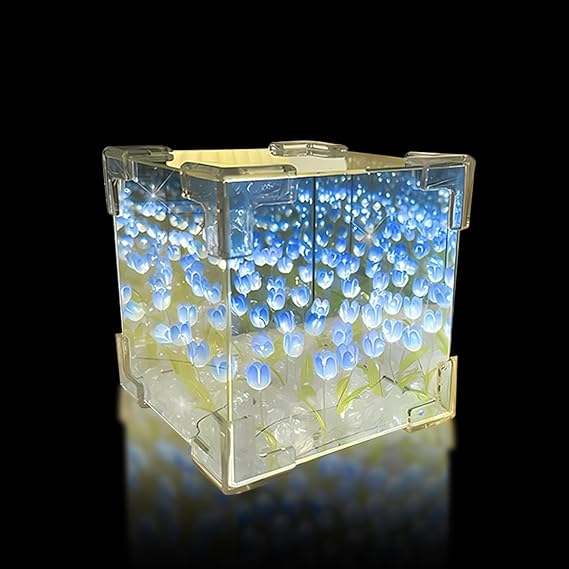 DIY Tulips Cube Mirror Lamp Tulip Night Light Decor Handmade DIY Tulip Flower Magic Light Bedroom Living Room Desktop Table Decor Lamp Birthday Gift for Mom Girl Women Friend