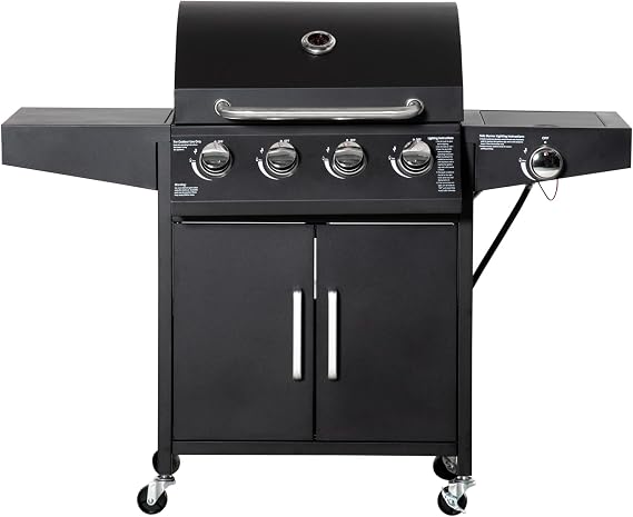 Outsunny 4 Burner Propane Gas Grill with Side Burner, 48,000 BTU Steel Outdoor Barbecue Grill with Cabinet, Shelf, Warming Rack, Thermometer, Wheels, Black