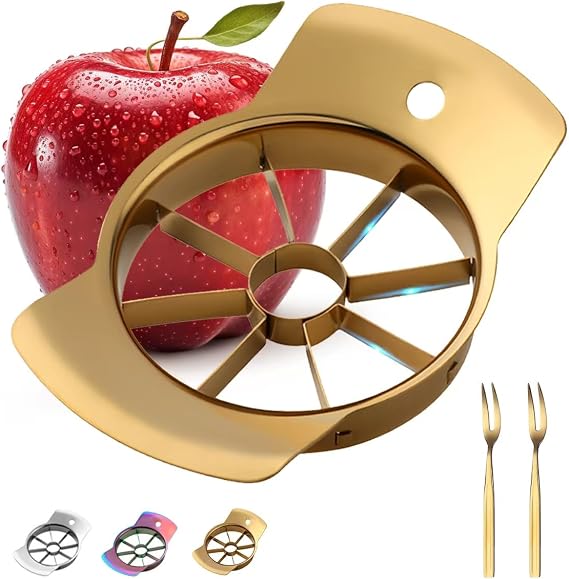 Fruit Slicer, QRU 304 Stainless Steel Fruit Cutter 8 Slices, Corer for Fruits & Vegetables, Ergonomic Handle Easy Grip Pears Divider, Sturdy and Sharp, Dishwasher Safe (Gold)