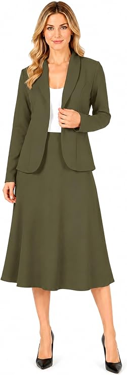 Women's Two Piece Lightweight Solid Long Sleeve Casual Blazer Relaxed A-Line Midi Skirt