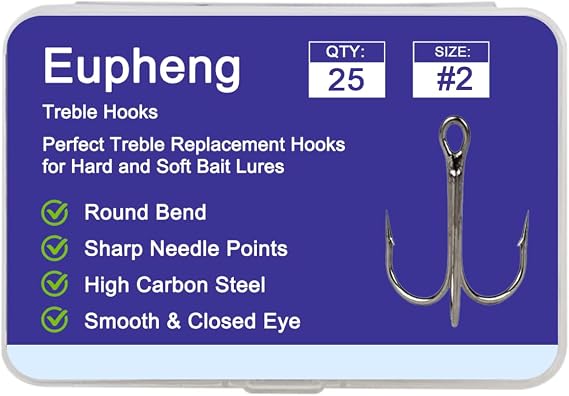 Eupheng Treble Hooks for Saltwater Freshwater High Carbon Steel Hooks Strong Sharp Round Bend Triple Hook for Catfish Trout Hard Baits Lures Fishing Size 1/0 to 12