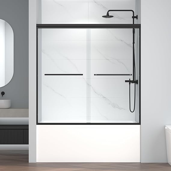 ENSO SENKA Sliding Bathtub Shower Door 56-60" W x 58" H, Matte Black