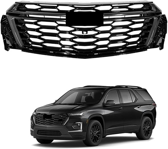 Front Upper Grille Assembly Compatible with 2022 2023 2024 Chevy Traverse RS Sport Utility 4 Door 3.6L #87834517 Gloss Black