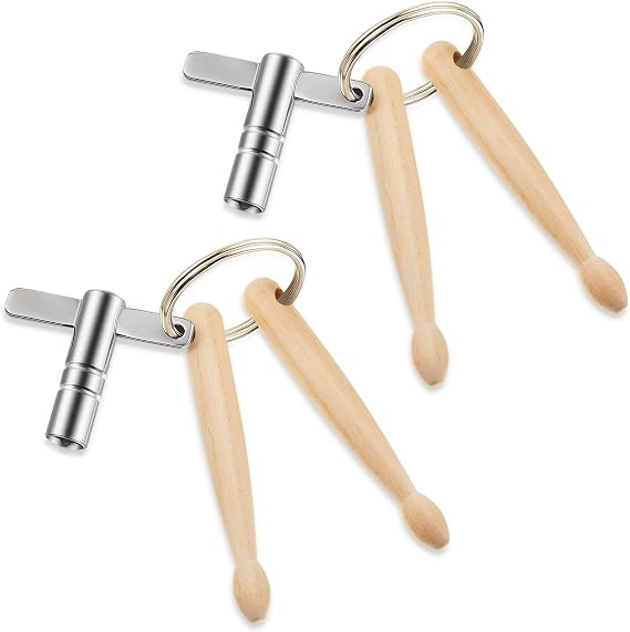 AceOrbit 2 Pcs Mini Drumstick Keychains with Universal Drum Keys Drum Tuning Keys Tool Wooden Dual Drumsticks Percussion Accessories Cool Gifts for Drummers Music Lovers