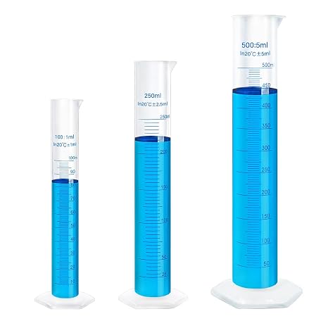 3pcs Plastic Graduated Cylinders - 100 250 500ml, Lab Chemistry Measuring Cylinders Set - Durable Class A Polymer, Clear Graduations, 2-Sided Marking for Home Experiment Science Biology Project