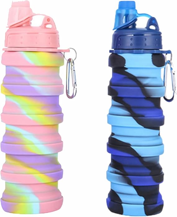 2Pcs Silicone Collapsible Water Bottle Reusable Portable Foldable Water Bottles BPA Free Safe and Heathy Leak Proof for Sports Hiking Trip and Camping Collapsible Water Bottle for Kids Sport