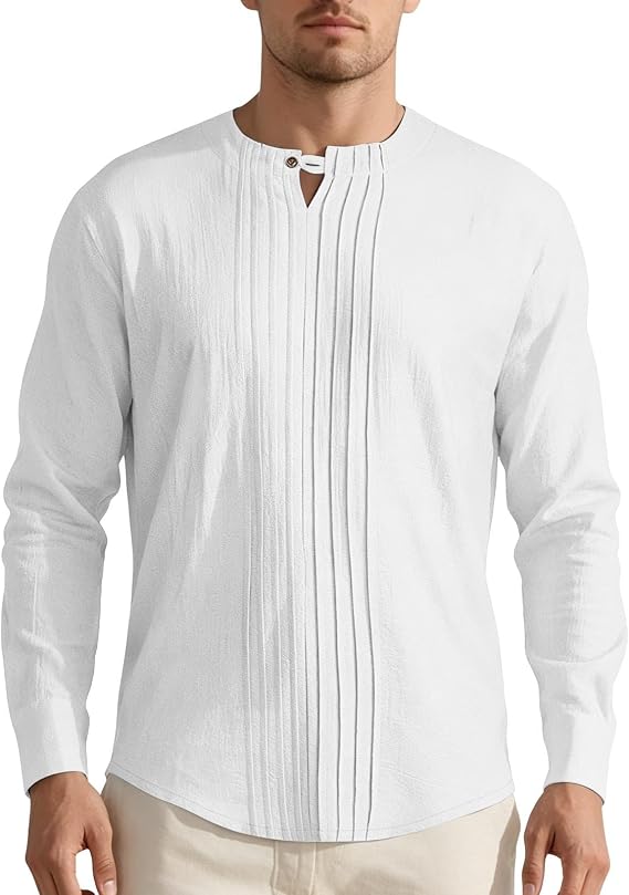 Men's Long Sleeve Shirts Casual Stylish Pleated Front Textured T-Shirt Button Down Loose Lightweight Pullover Tops