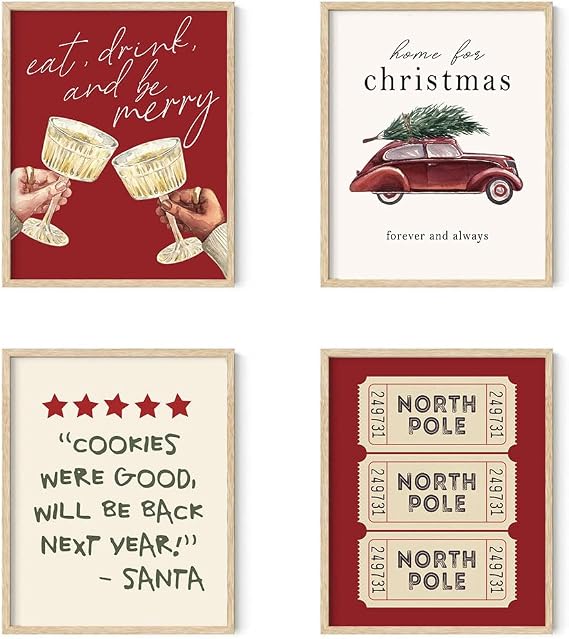 XYDEG Christmas Wall Art Prints Set of 4,Winter Decor,Red Truck Santa Christmas Decor Posters for Christmas Decorations,Christmas Decorations Indoor for Bar Kitchen Living Room Bedroom 8x10(Unframed)