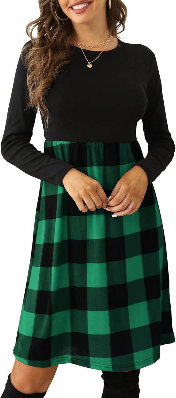 PRIMODA Women's Long Sleeve Empire Waist Buffalo Plaid Midi Swing Dress with Belt