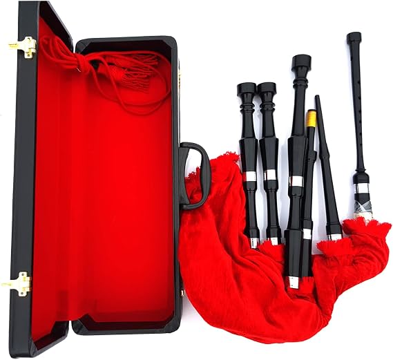 Scottish Great Highland Bagpipe - Red Velvet Cover Plain Half Silver Mounts Black Rosewood Made Free Wood Case