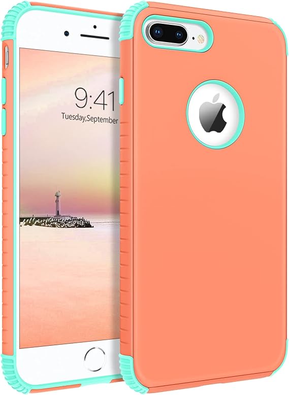 BENTOBEN Compatible with iPhone 8 Plus Case, iPhone 7 Plus Case, 2 in 1 Slim Hybrid Shockproof Hard PC Bumper Rugged Drop Protective Phone Cover for iPhone 8 Plus / 7 Plus 5.5 inch, Orange/Mint