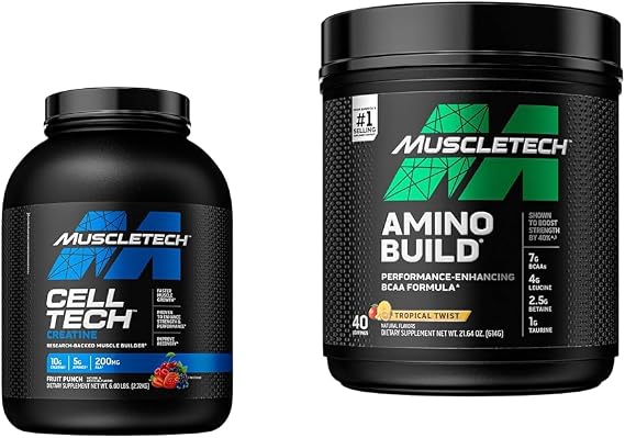 MuscleTech Creatine Monohydrate Powder Cell-Tech Creatine Powder | Post Workout Recovery Drink & BCAA Amino Acids + Electrolyte Powder, Amino Build, 7g of BCAAs + Electrolytes