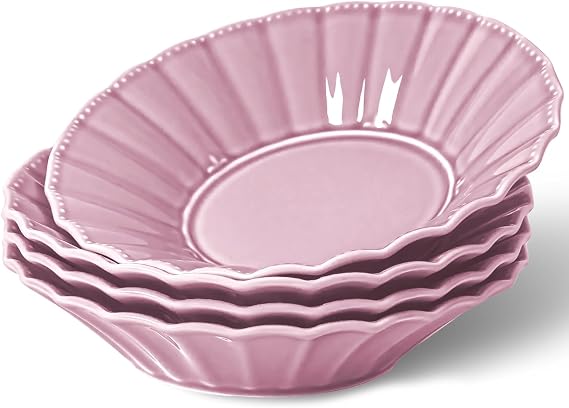 HOMBENE Pasta Bowls Set for 4, 25oz Salad Serving Bowls, Ceramic Soup Bowls,Wide and Shallow Bowls Set, Wavy Style, Soup, Pasta, Noodle, Dinner, Microwave & Dishwasher Safe (Dreamy Sakura Pink)