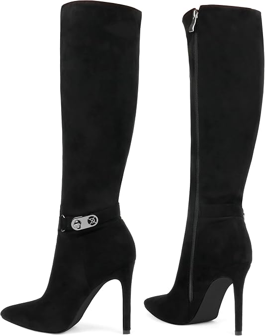 COLETER Women Knee High Boots Pointed Toe Stiletto Buckle Slouch Tall Boots