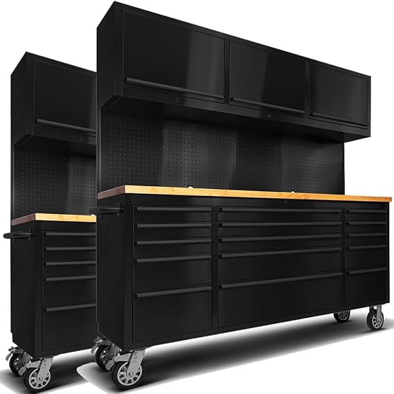 2 Pack - 72" Rolling Tool Chest with 15 Drawers + 3 Upper Cabinets, Black