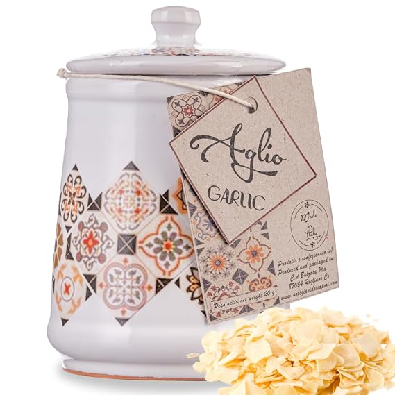 ARTIGIANI DEI SAPORI - Italian Dried Garlic in Italian Handmade Ceramic Jar | Dried Garlic Granules, Herb, Spices & Seasoning Gift in Spice Jar with Herb Spices Included, Non GMO, Product of Italy