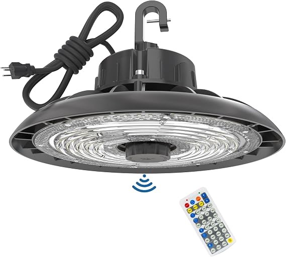 HYPERLITE UFO LED High Bay Light with Motion Sensor 21000LM, 150W Smart High Bay LED Lights with Remote Control, 120-277V IP65 Waterproof High Bay Shop Light for Shop Barn Warehouse