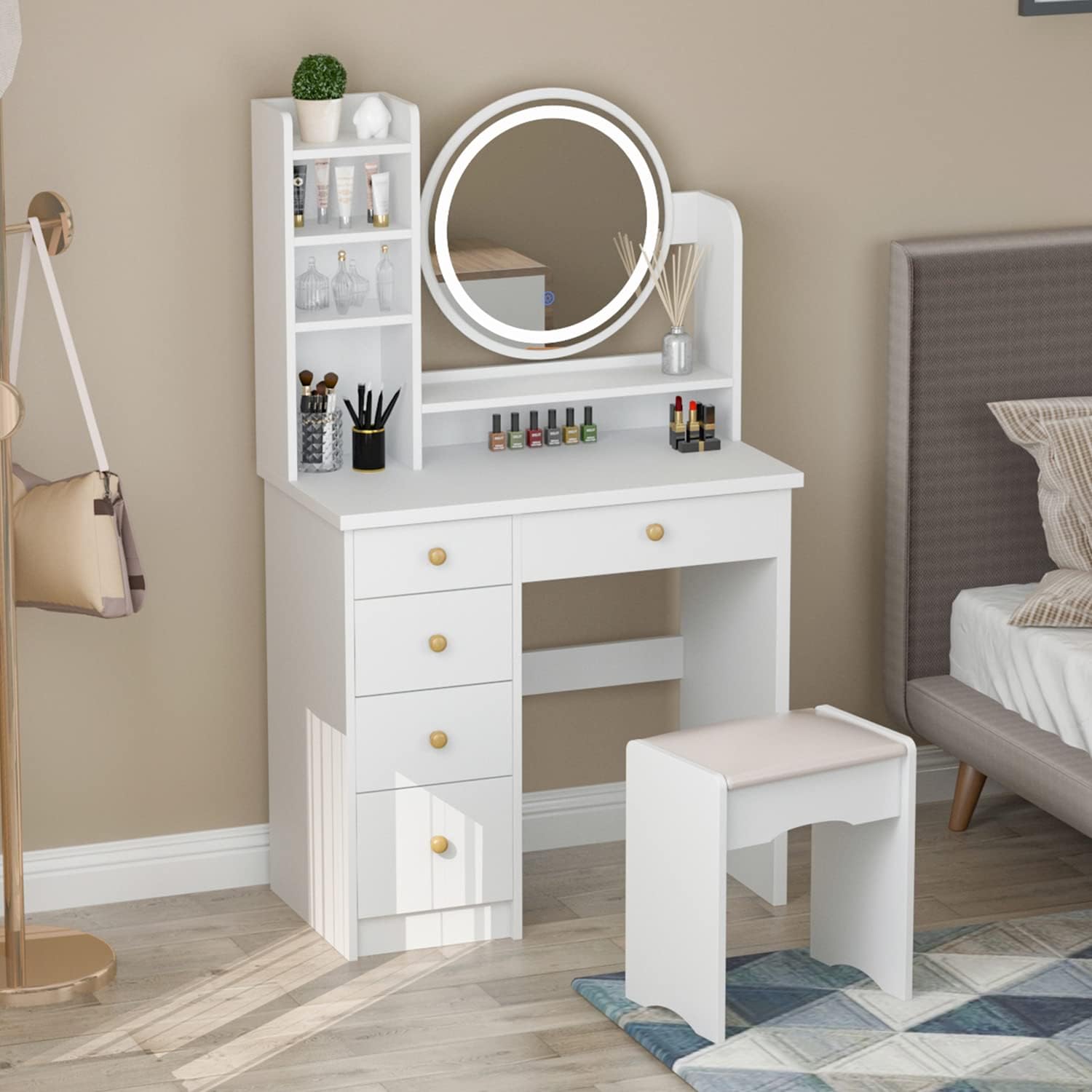 Homsee Vanity Desk Set with Lighted Round Mirror, Makeup Dressing Table with 5 Drawers, Storage Shelves & Cushioned Stool for Bedroom, White