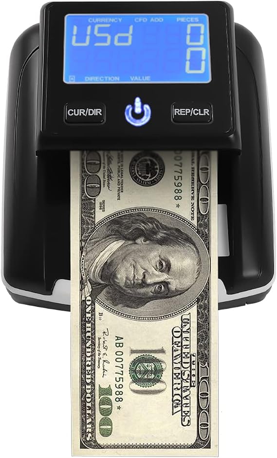 Portable Counterfeit Bill Detector, Any Way Direction Counterfeit Money Detector with LED Display and Infrared, Magnetic and Ultraviolet Sensors Rechargeable USD & EUR Bill Checker Machine