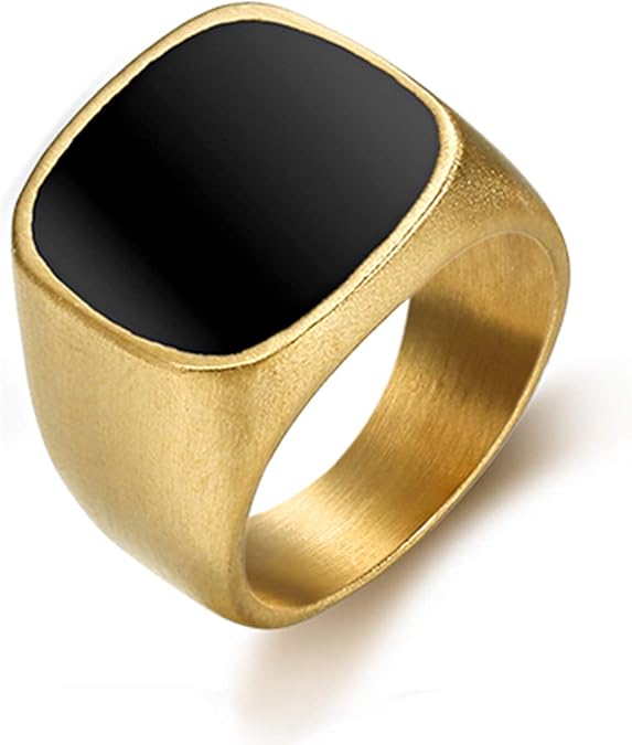 Men's Stainless Steel Square Biker Signet Ring, Black Silver Gold Styles