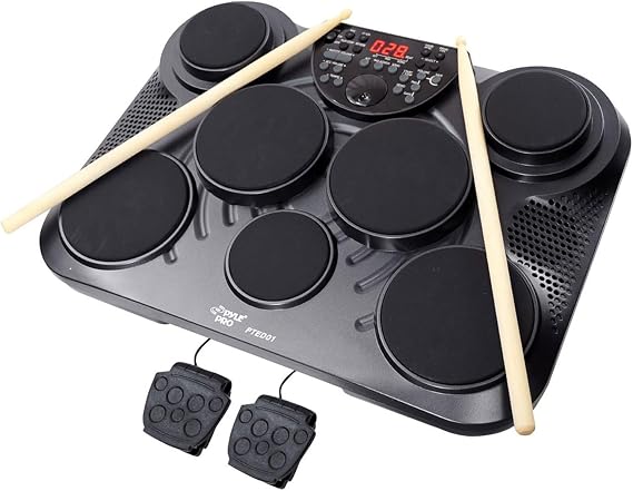 Pyle Electronic Tabletop Digital Drum Set, Compact Portable Drum Pad Kit w/ 8 Touch Sensitive Pads and Pedals, 600 Sounds, USB & Headphone Outputs, MIDI/AUX Inputs, 4x5 Drums & 4x3.5 Cymbals