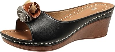 Summer Sandals for Women 2025,Peep Toe Arch Support Low Heel Slip On Shoes with Flower Decor Ladies Orthopedic Sandal Comfy Cushion Footbed Plantar Fasciitis Recovery Mules Casual Slippers